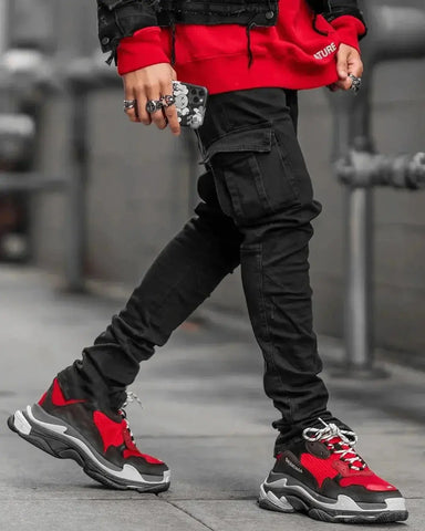Men's Black Stretch Cargo Jeans – Zipper Pockets, Slim Fit Streetwear