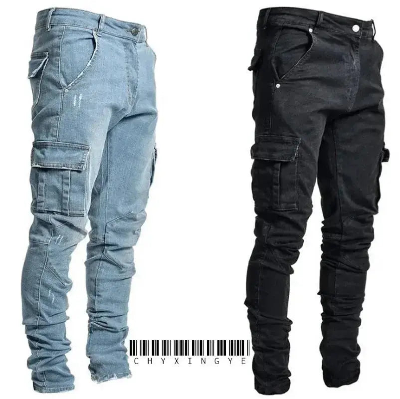 Men's Black Stretch Cargo Jeans – Zipper Pockets, Slim Fit Streetwear