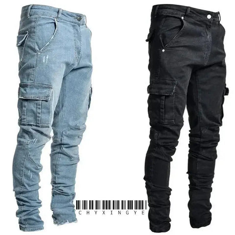 Men's Black Stretch Cargo Jeans – Zipper Pockets, Slim Fit Streetwear