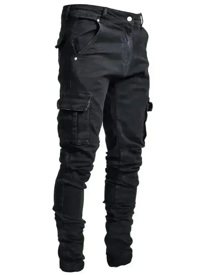 Men's Black Stretch Cargo Jeans – Zipper Pockets, Slim Fit Streetwear