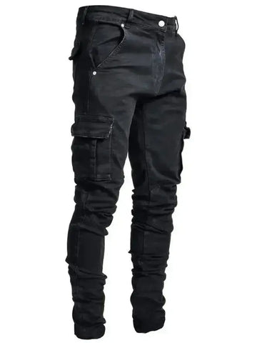 Men's Black Stretch Cargo Jeans – Zipper Pockets, Slim Fit Streetwear