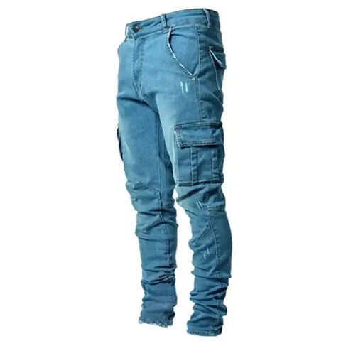 Men's Black Stretch Cargo Jeans – Zipper Pockets, Slim Fit Streetwear