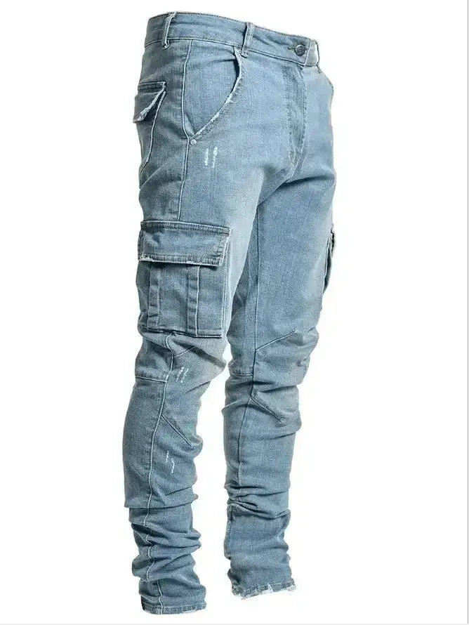 Men's Black Stretch Cargo Jeans – Zipper Pockets, Slim Fit Streetwear