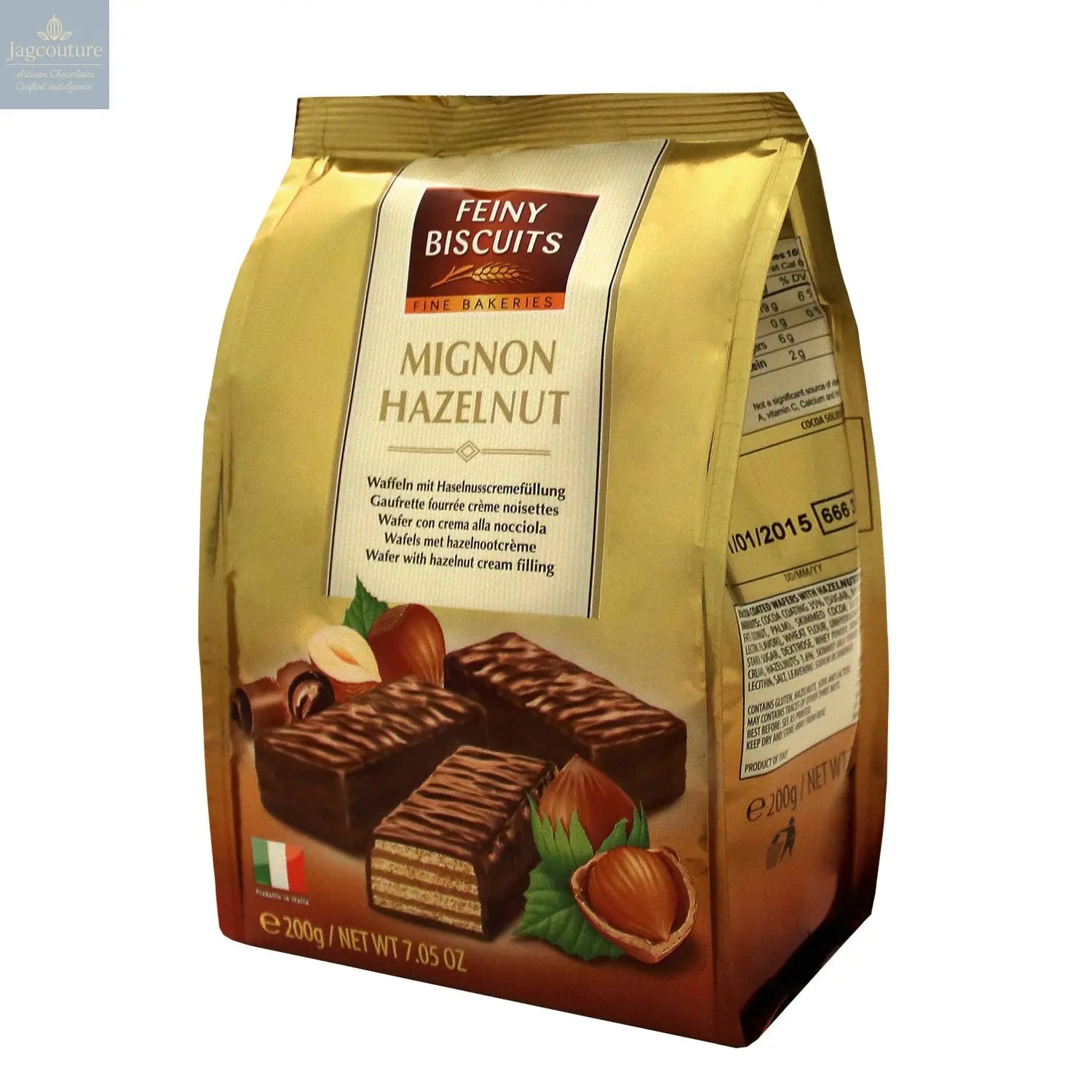 Milk chocolate covered mignon wafers with hazelnut cream filling in sachet bag Jag Couture Chocolates