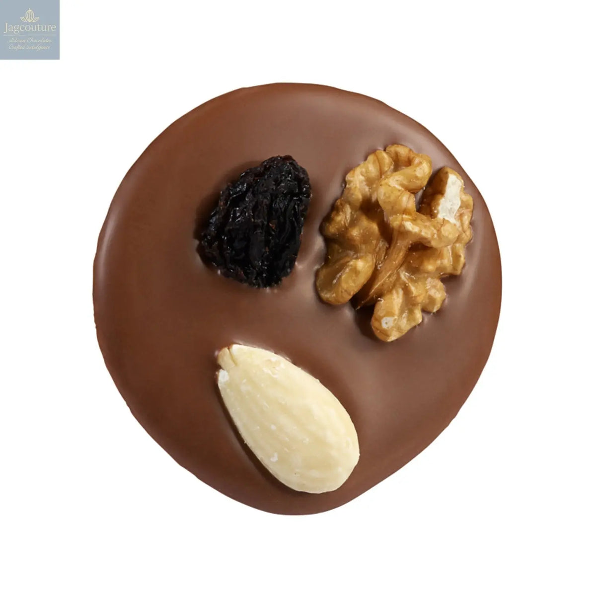Milk mendiant - milk chocolate disc with nuts and raisins 14g - Jag Couture Chocolates