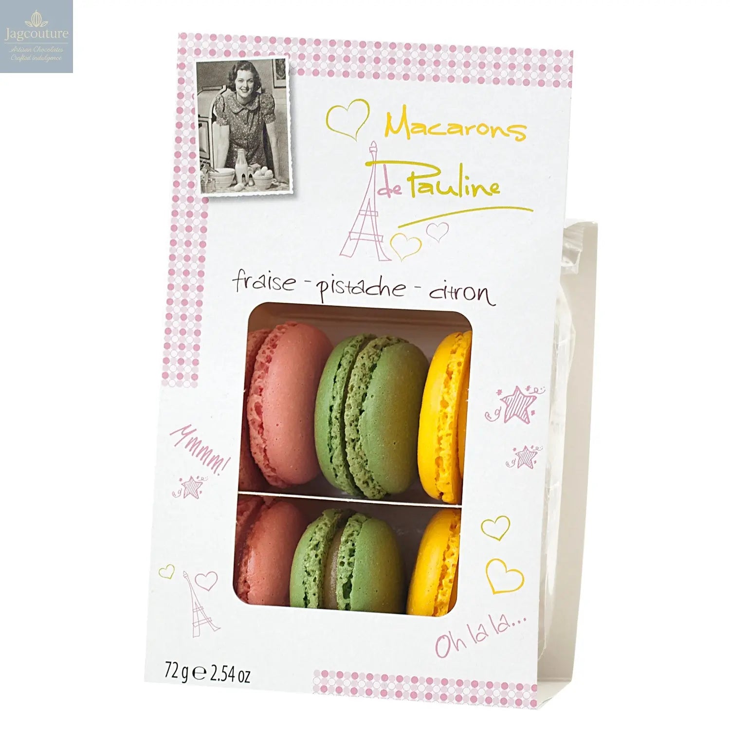 Mixed display of macarons - strawberry, pistachio and lemon - VAT FREE Jag Couture Chocolates