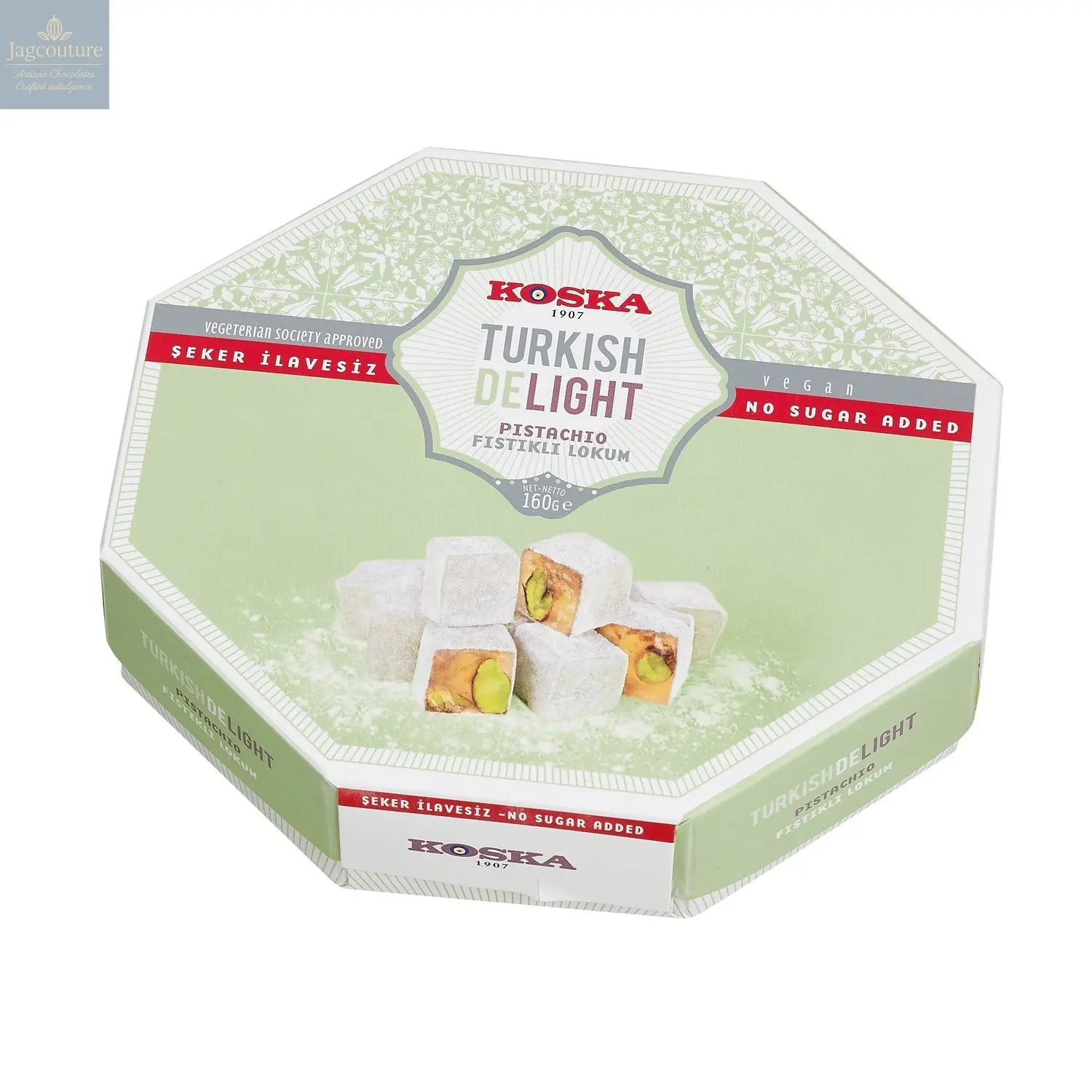 No sugar added pistachio Turkish Delight in hexagon box Jag Couture Chocolates