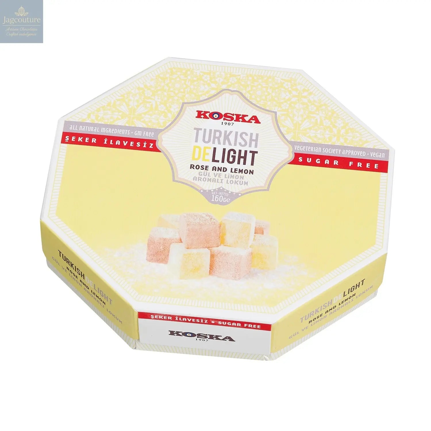 No sugar added rose and lemon flavoured Turkish Delight in hexagon box Jag Couture Chocolates