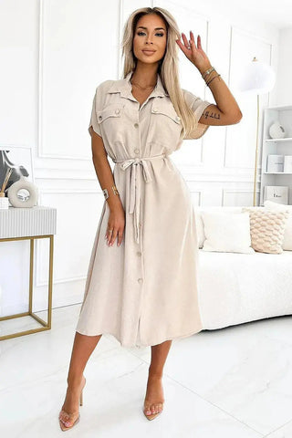 Numoco Short-Sleeve Daydress with Gold Buttons and Waist Tie