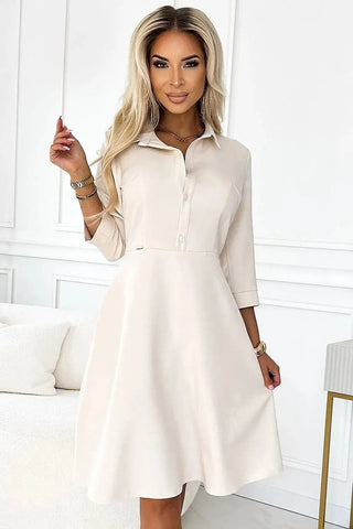 Numoco beige color shirred flared dress