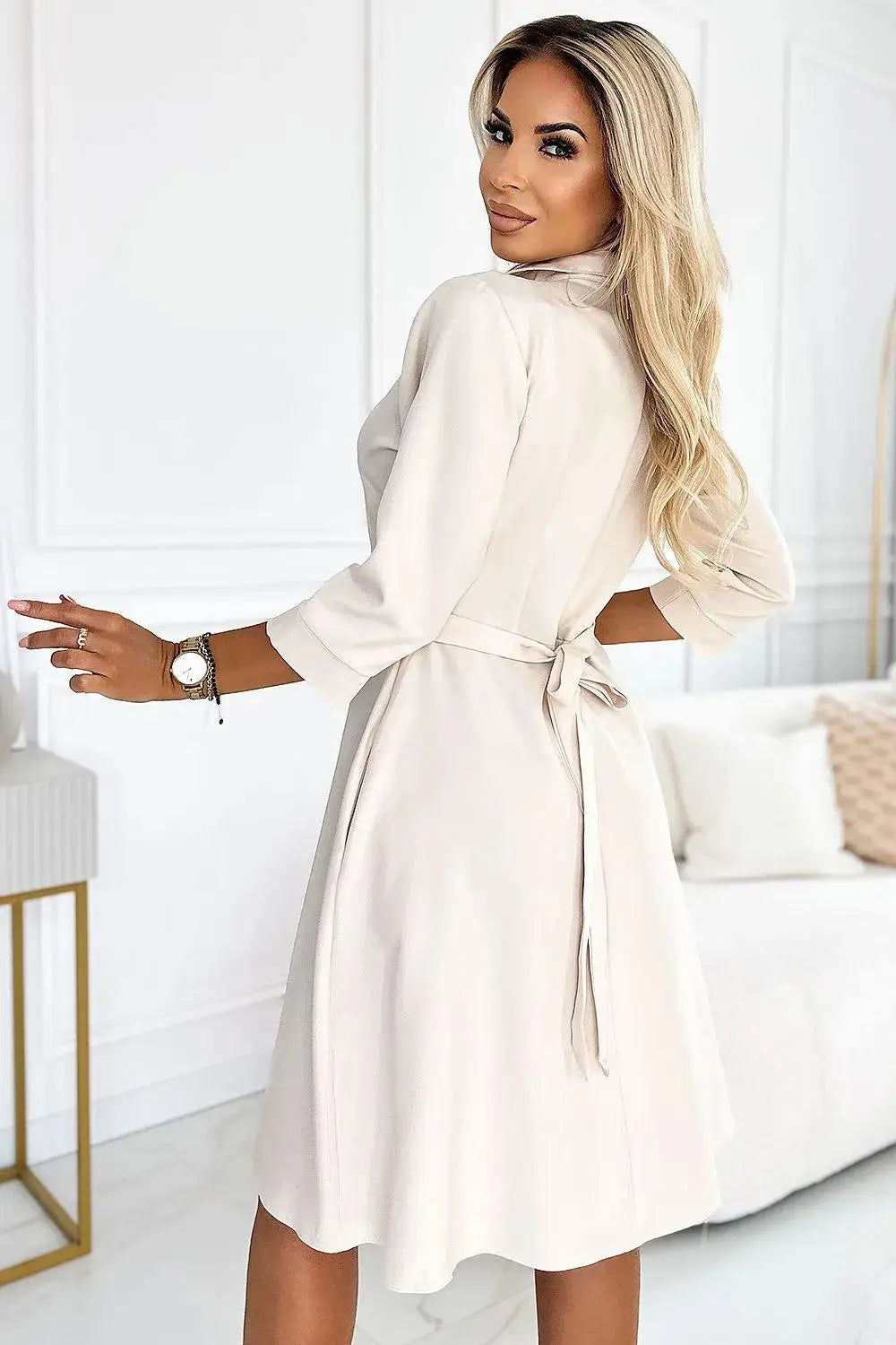 Numoco beige color shirred flared dress