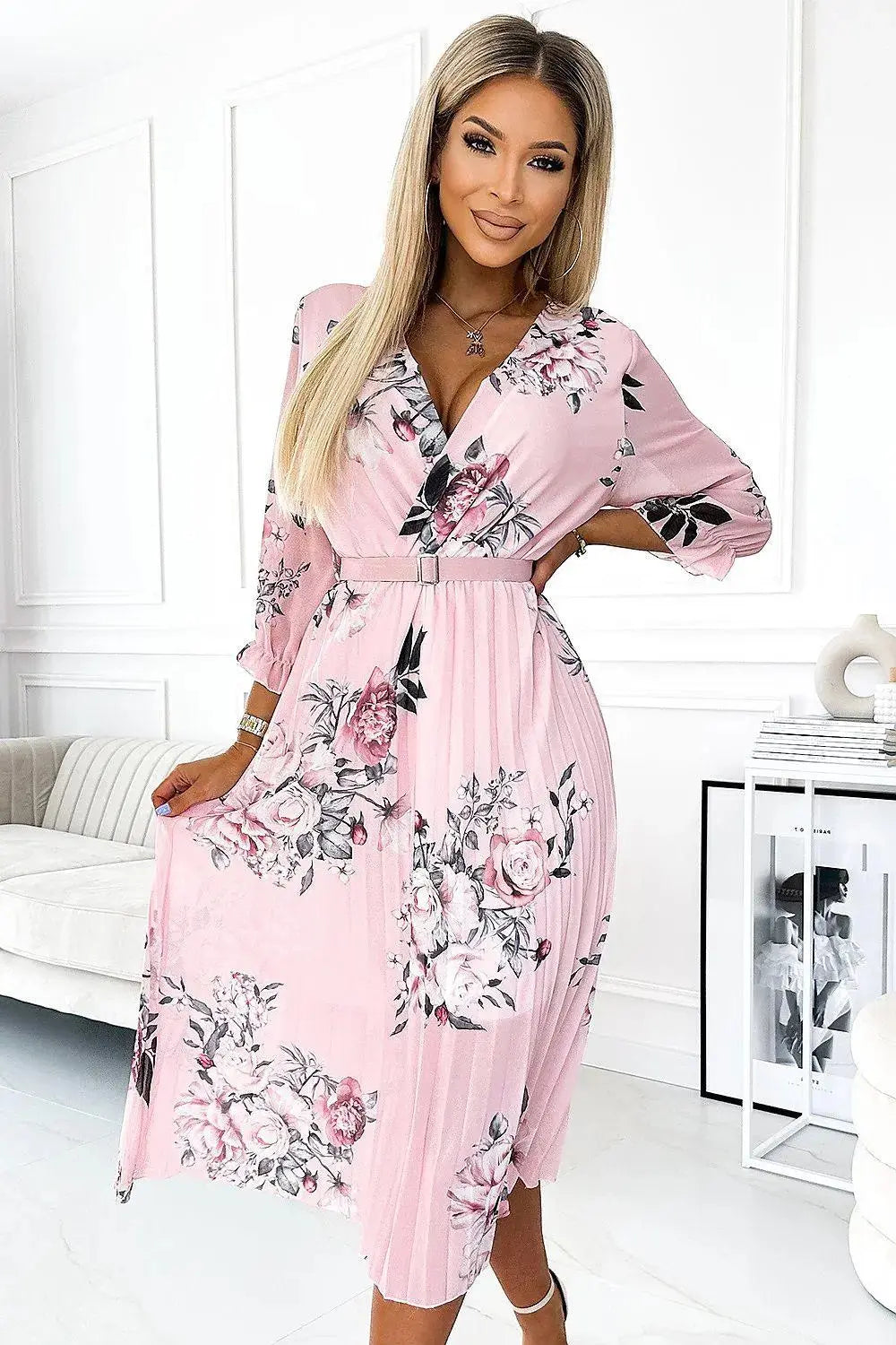 Numoco chiffon pleated midi cocktail dress with neckline and belt
