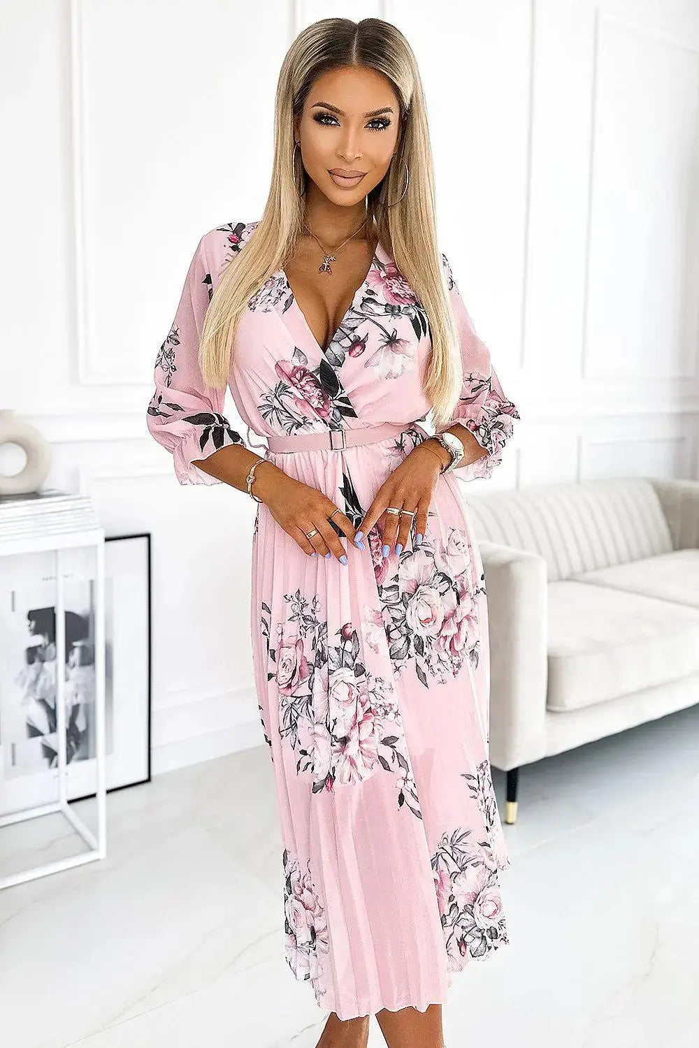 Numoco chiffon pleated midi cocktail dress with neckline and belt