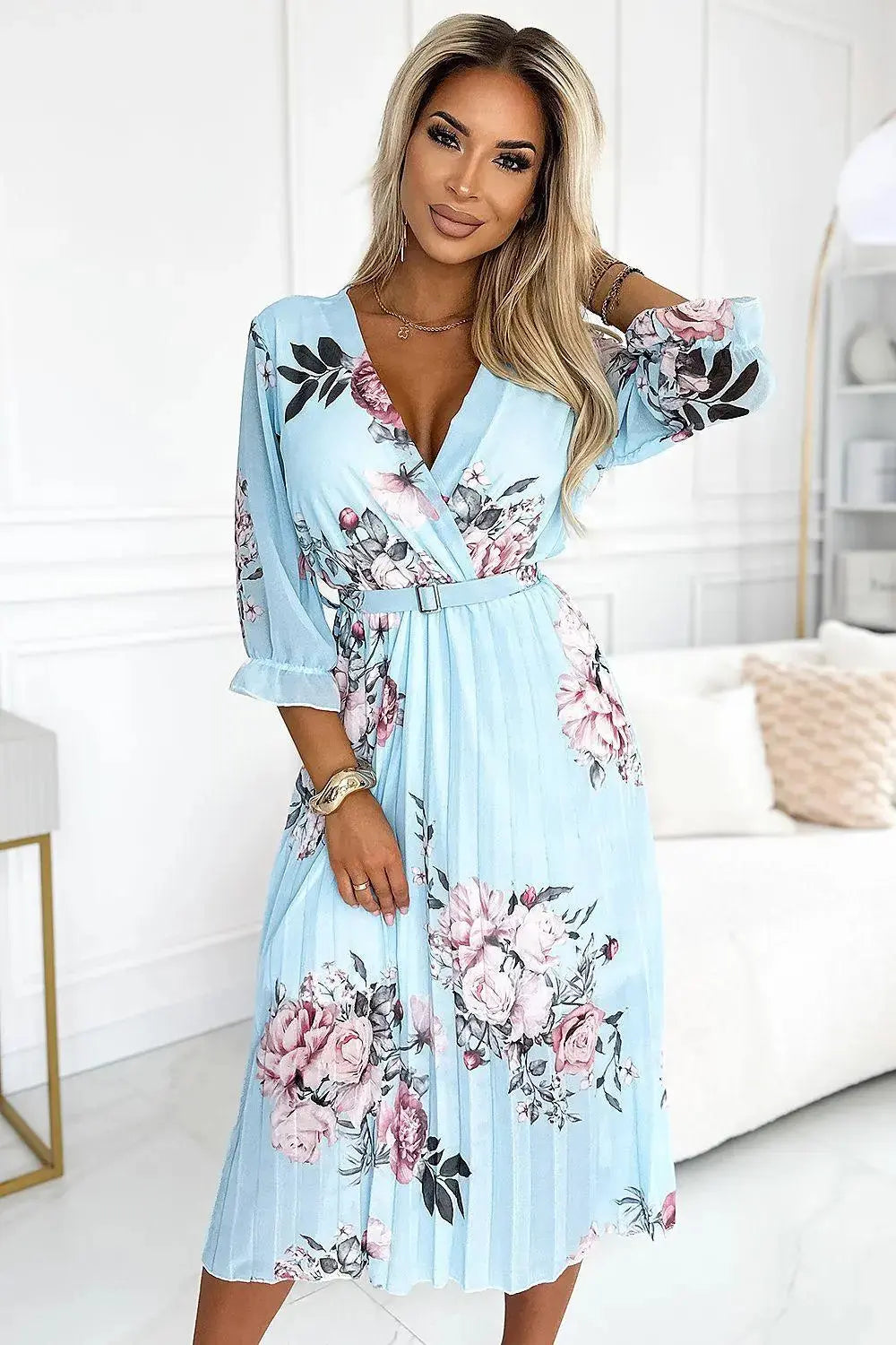Numoco chiffon pleated midi cocktail dress with neckline and belt