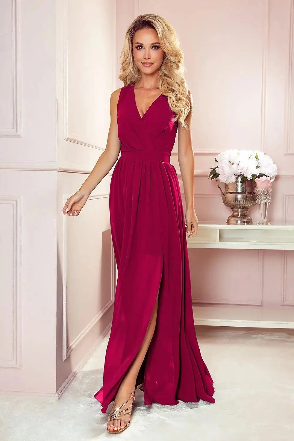 Numoco justine maxi long gown with neckline, leg slit and back tie