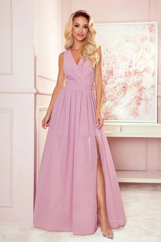 Numoco justine maxi long gown with neckline, leg slit and back tie