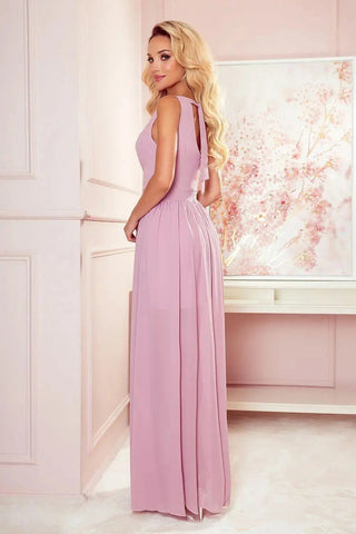Numoco justine maxi long gown with neckline, leg slit and back tie
