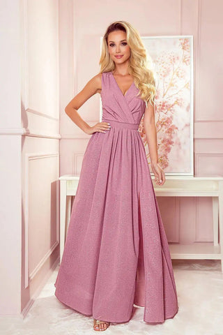 Numoco justine maxi long gown with neckline, leg slit and back tie