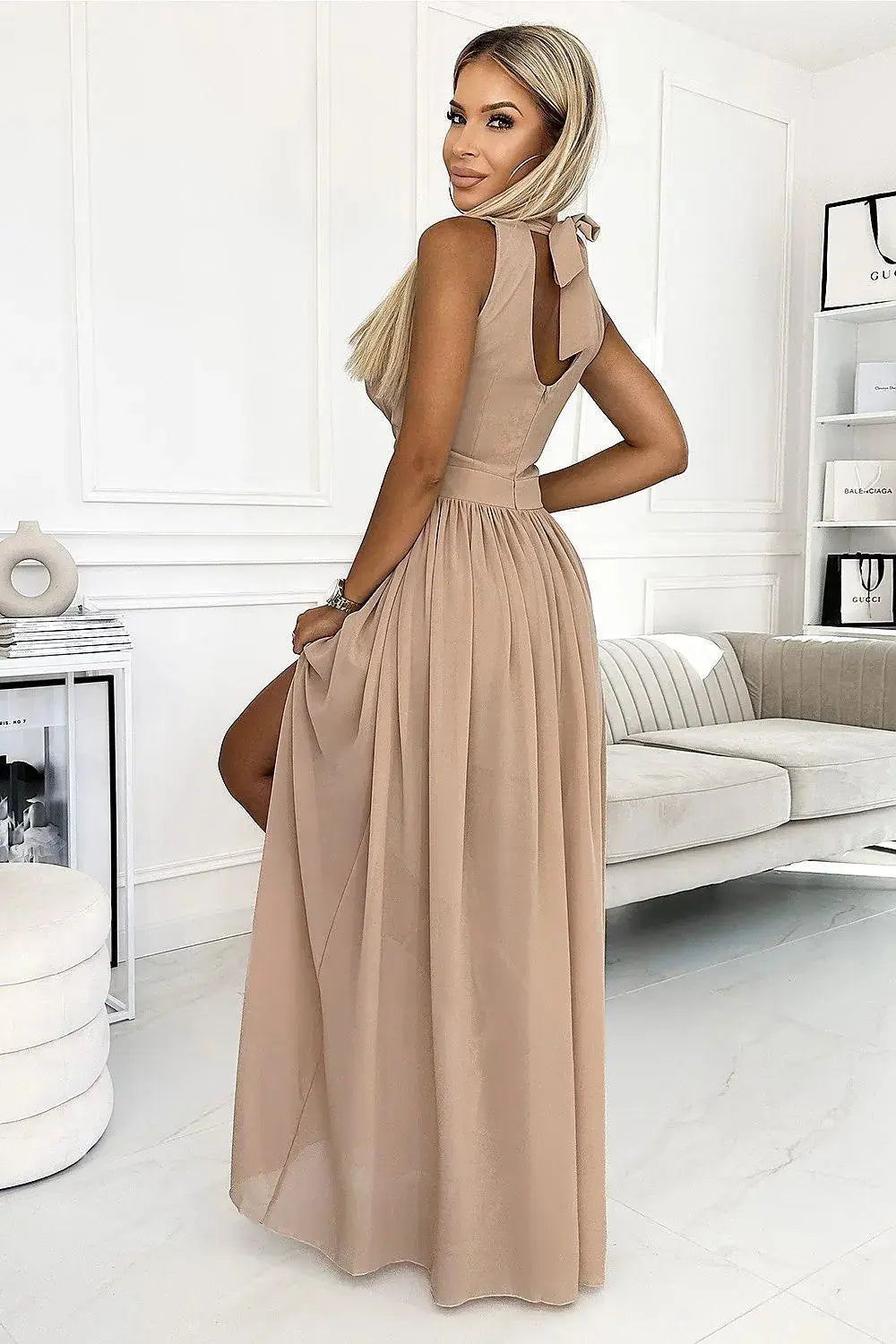Numoco justine maxi long gown with neckline, leg slit and back tie