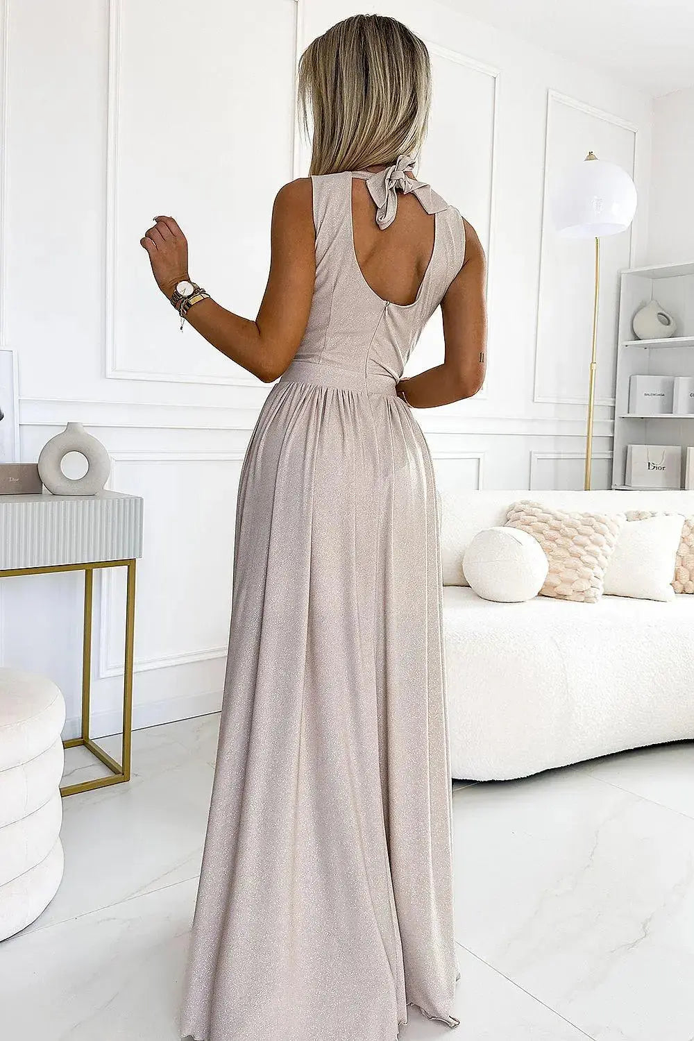Numoco justine maxi long gown with neckline, leg slit and back tie