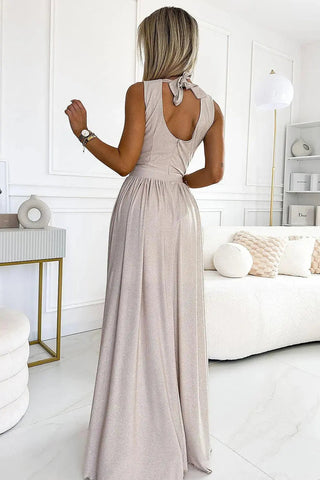 Numoco justine maxi long gown with neckline, leg slit and back tie