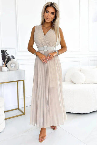 Numoco pleated chiffon cocktail dress with a neckline and a wide belt