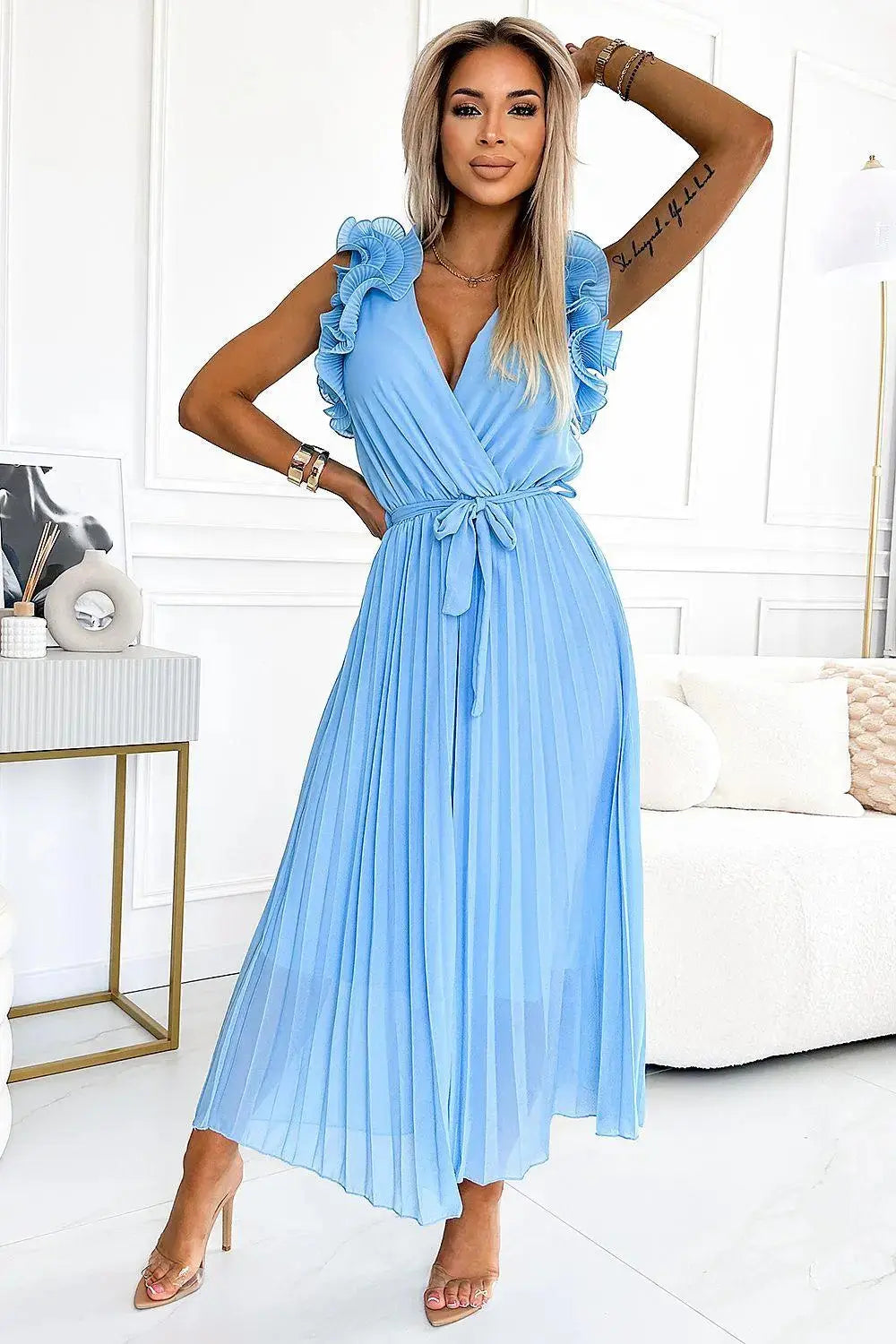Numoco pleated cocktail dress with envelope neckline, belt and fine ruffles