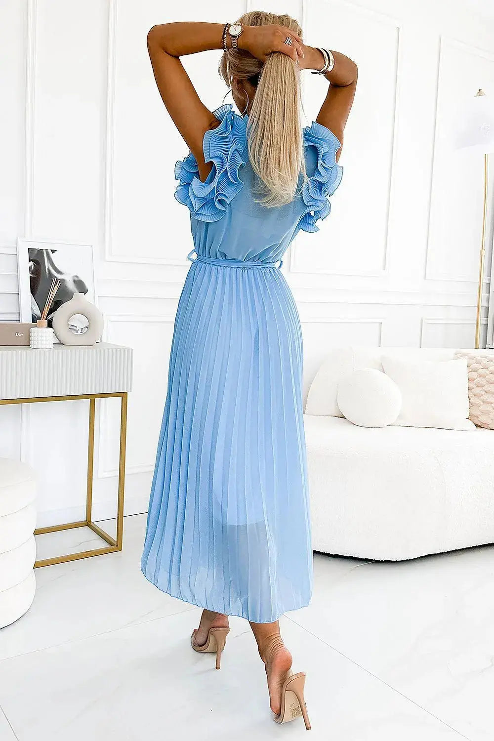 Numoco pleated cocktail dress with envelope neckline, belt and fine ruffles