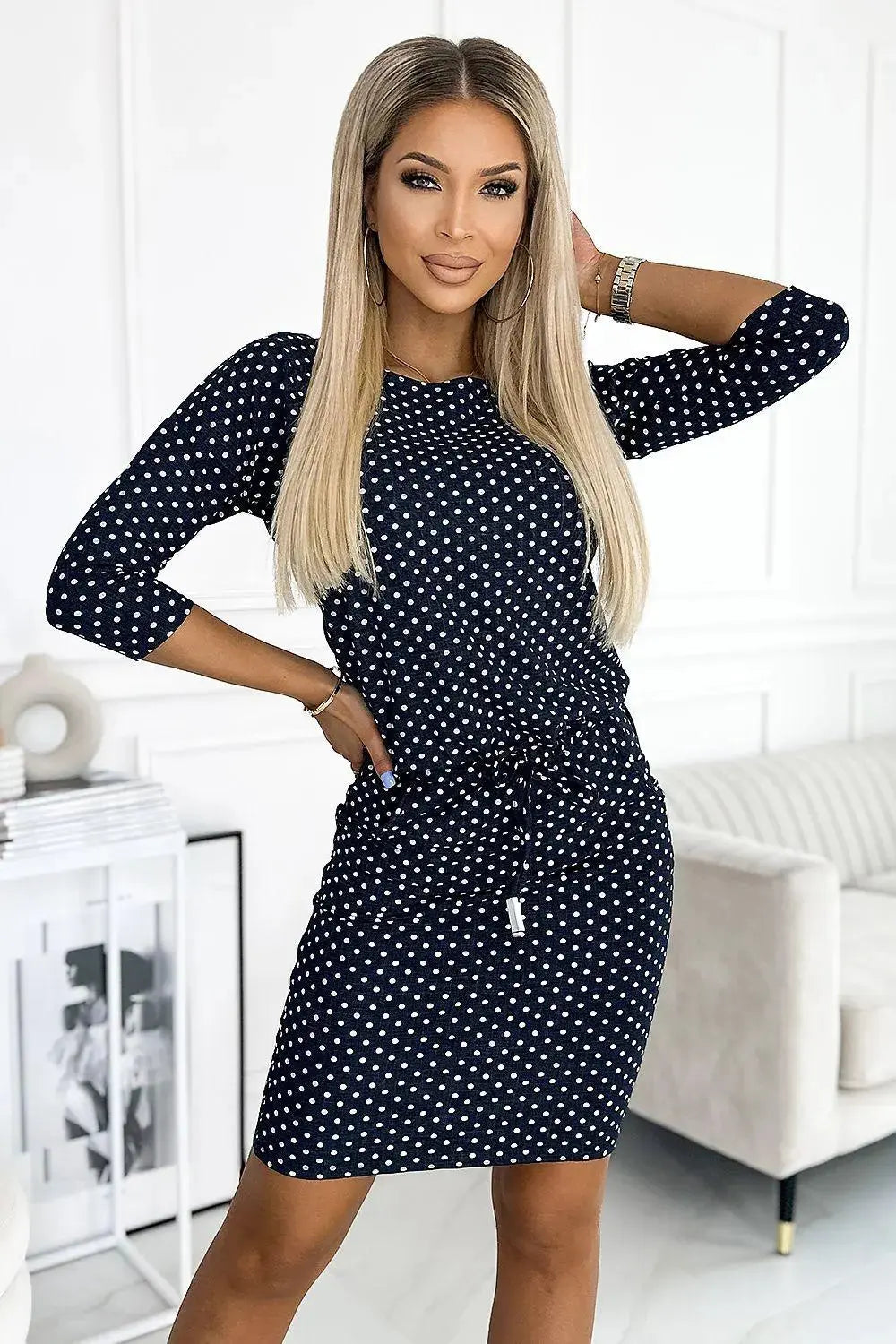 Numoco sports daydress with binding, pockets, boat neckline and 3/4 sleeves