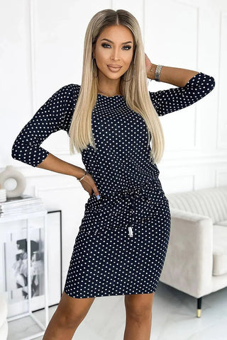 Numoco sports daydress with binding, pockets, boat neckline and 3/4 sleeves