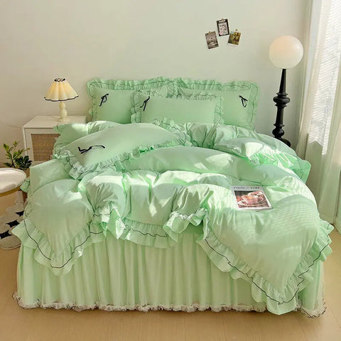 Mesh Lace Bow Bed Skirt Double-bed Four-piece Suit