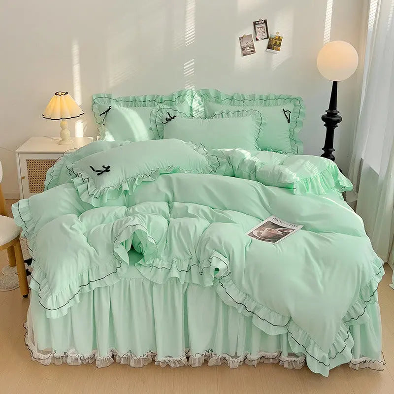 Mesh Lace Bow Bed Skirt Double-bed Four-piece Suit