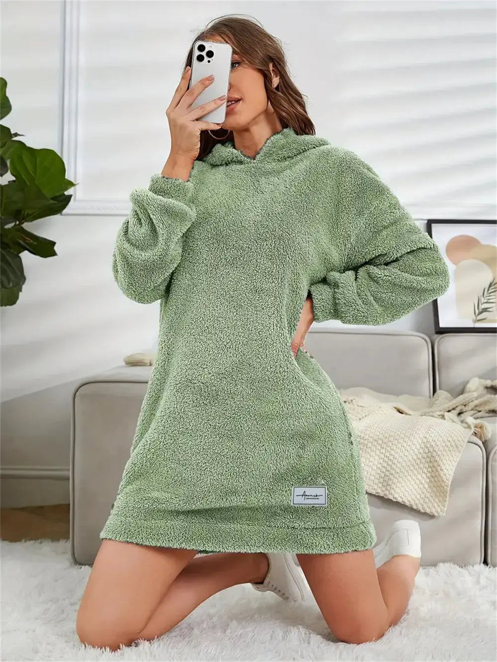 Women's Hooded Long Sleeve Plush Dress