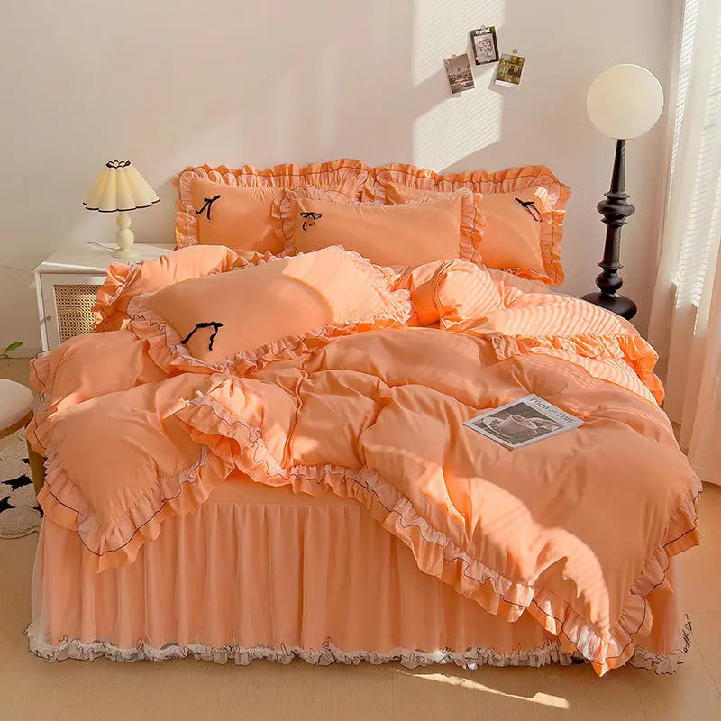 Mesh Lace Bow Bed Skirt Double-bed Four-piece Suit