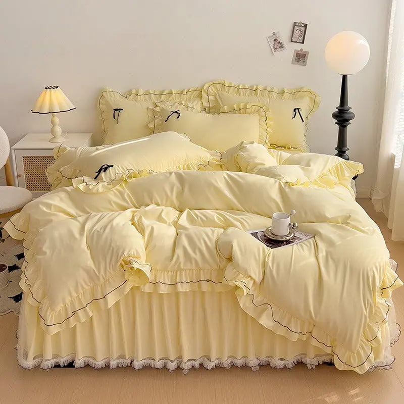 Mesh Lace Bow Bed Skirt Double-bed Four-piece Suit