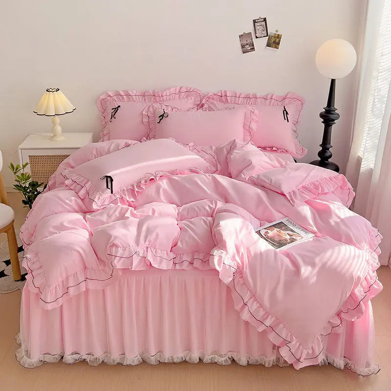 Mesh Lace Bow Bed Skirt Double-bed Four-piece Suit