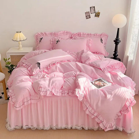 Mesh Lace Bow Bed Skirt Double-bed Four-piece Suit