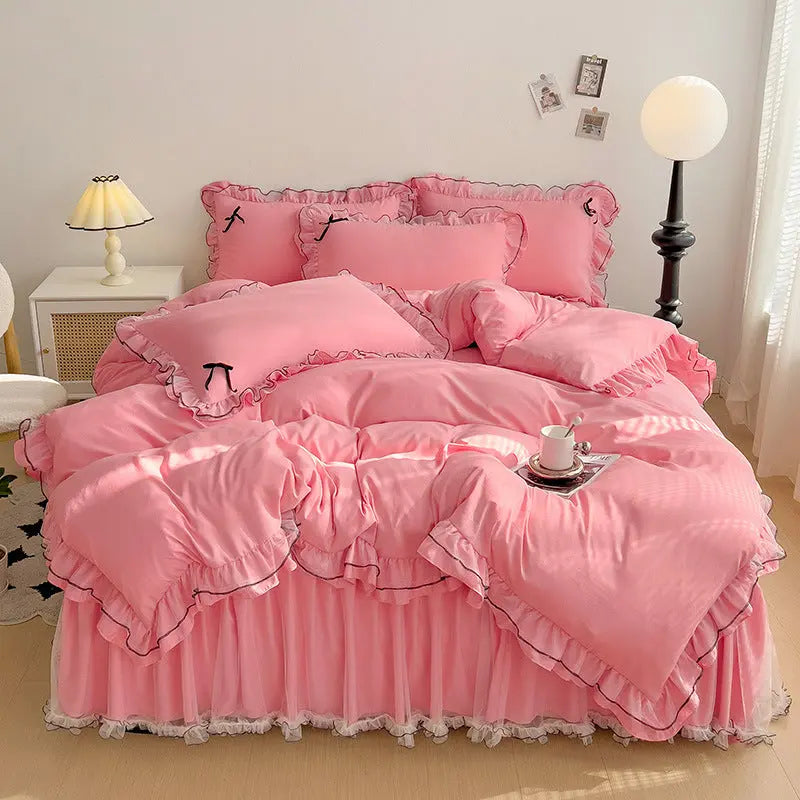 Mesh Lace Bow Bed Skirt Double-bed Four-piece Suit