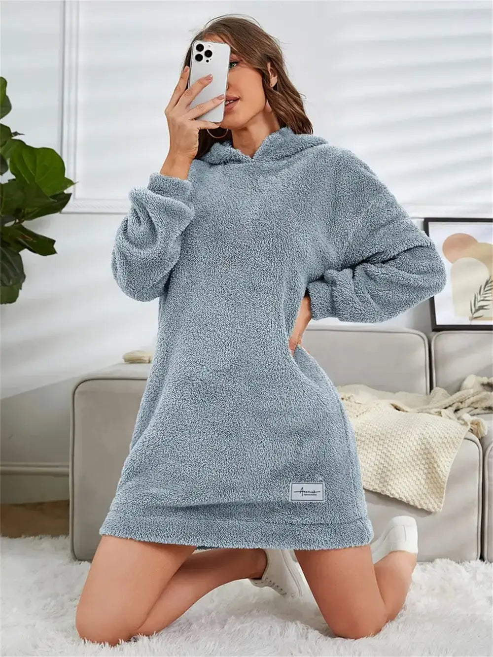 Women's Hooded Long Sleeve Plush Dress
