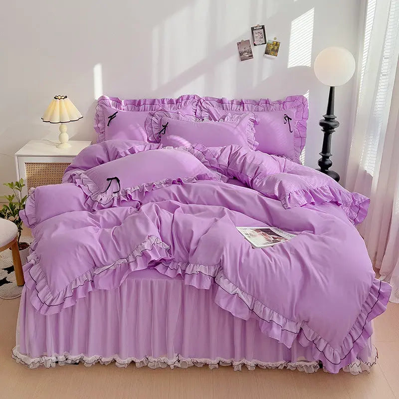 Mesh Lace Bow Bed Skirt Double-bed Four-piece Suit