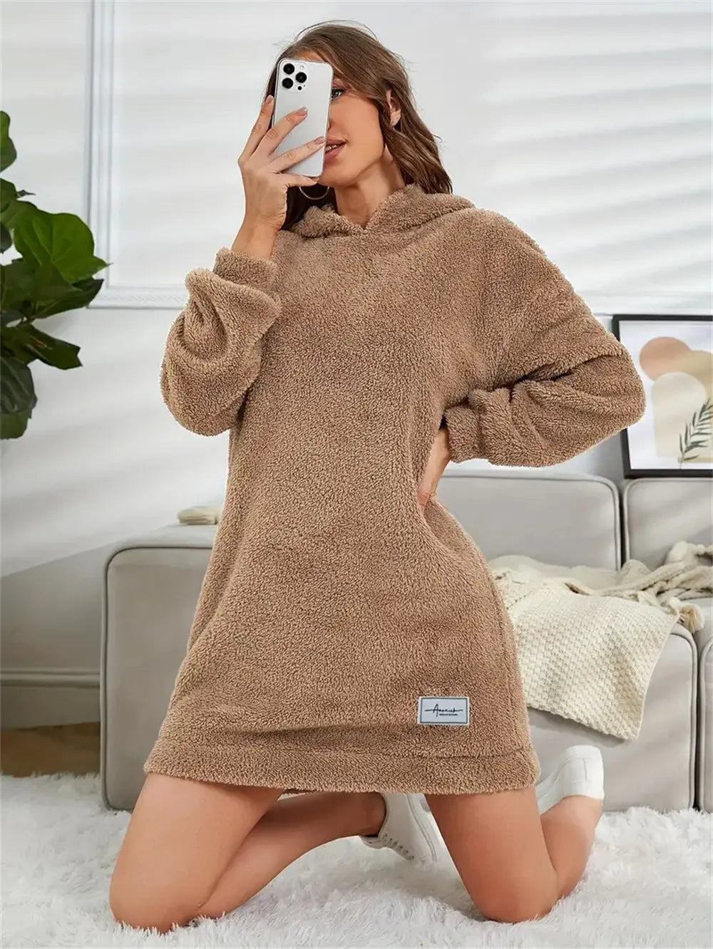 Women's Hooded Long Sleeve Plush Dress
