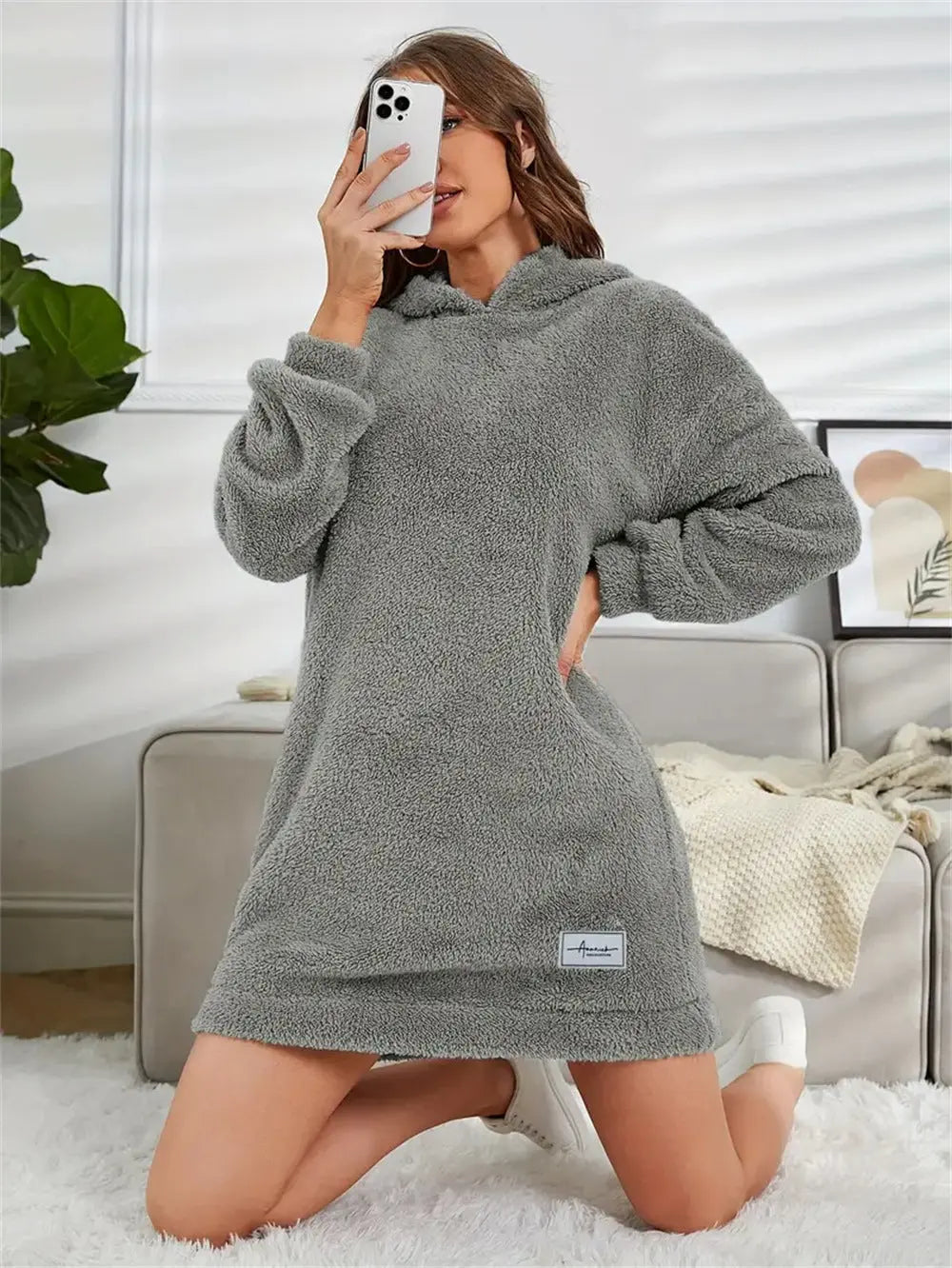 Women's Hooded Long Sleeve Plush Dress