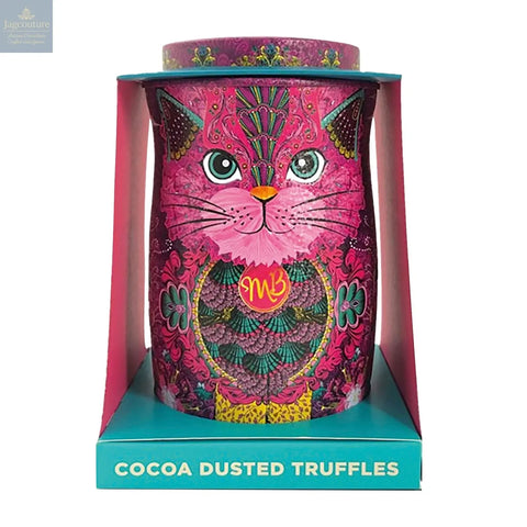 Persian pink cat tin of Choccy Scoffy chocolatey flavoured cocoa dusted truffles - Jag Couture Chocolates