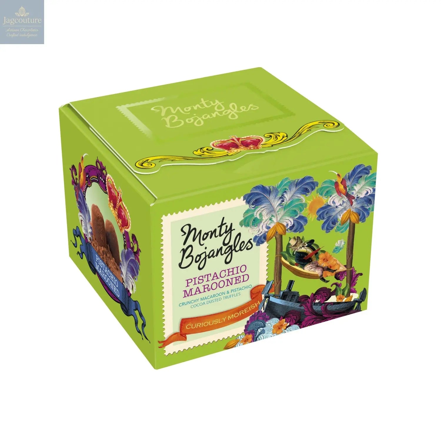 Pistachio Marooned gift box of pistachio flavoured cocoa dusted truffles with macaron drops - Jag Couture Chocolates