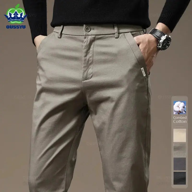 Premium Combed Cotton Men's Chinos | Business Casual Straight Fit Pants | Solid Color Gray Trousers
