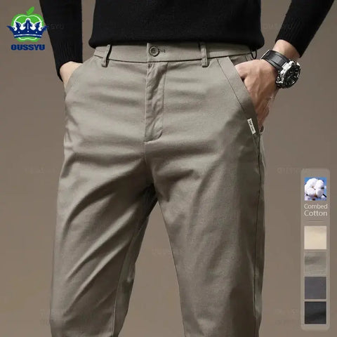 Premium Combed Cotton Men's Chinos | Business Casual Straight Fit Pants | Solid Color Gray Trousers