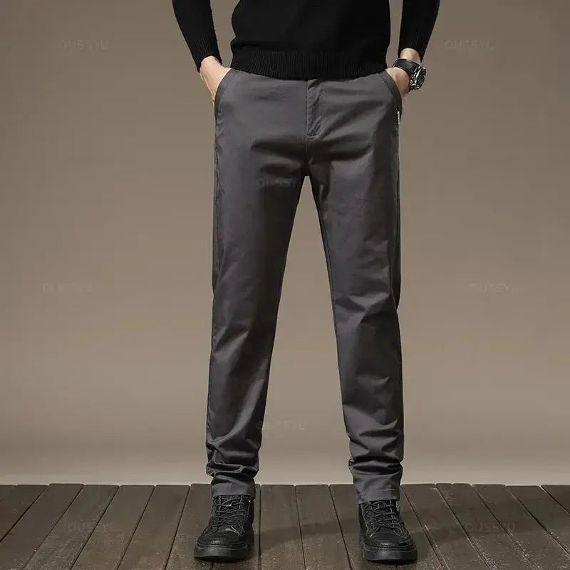 Premium Combed Cotton Men's Chinos | Business Casual Straight Fit Pants | Solid Color Gray Trousers