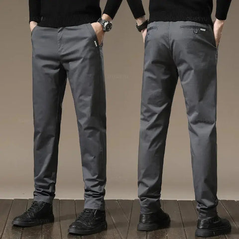 Premium Combed Cotton Men's Chinos | Business Casual Straight Fit Pants | Solid Color Gray Trousers