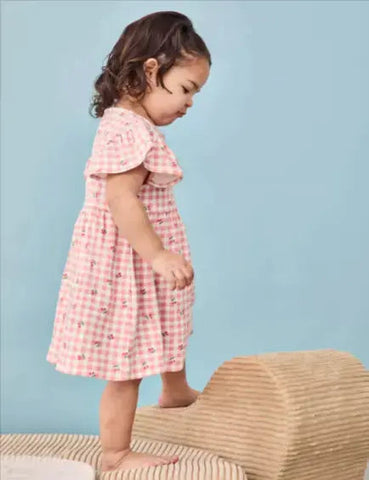 Pure Cotton Cherry Flutter Sleeve Dress (6 Mths-7 Yrs)
