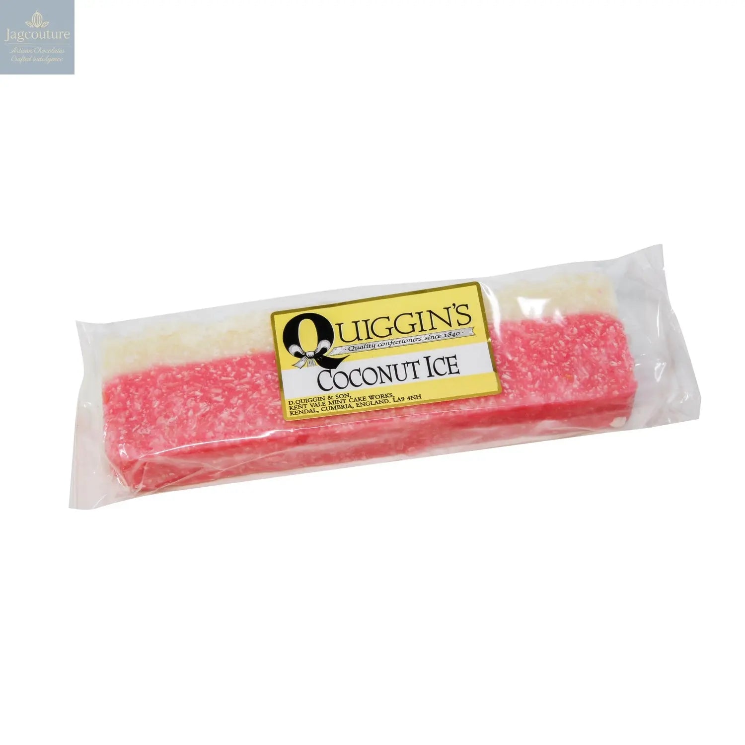 Quiggin's pink and white coconut ice bar Jag Couture Chocolates